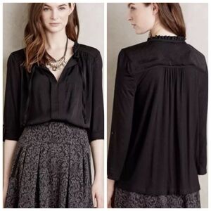 Anthropologie Meadow Rue black Eleri blouse Tie neck top Office Quiet luxury S